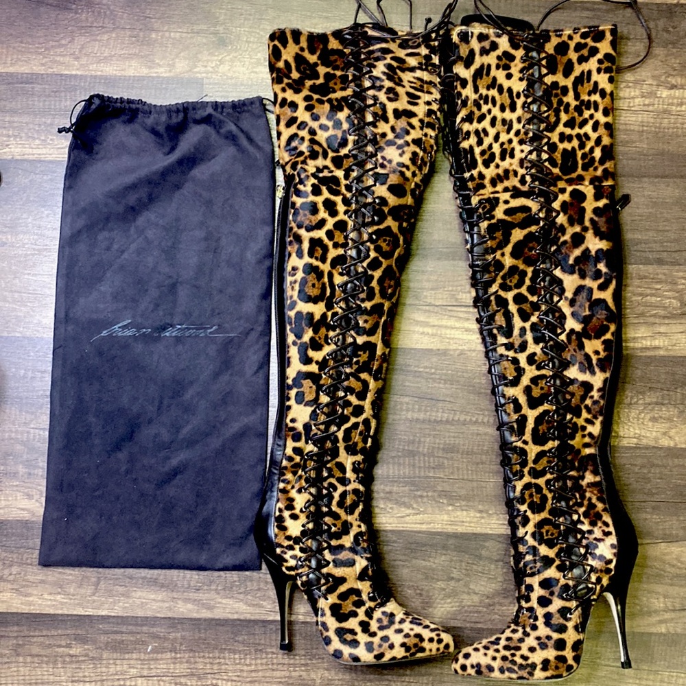 Brian Atwood Belle Cheetah Leapoard Leather CalfHair LaceUp Thigh Boots NEW 38 - Picture 3 of 11